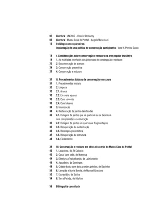 07   Abertura | UNESCO - Vincent Defourny
09   Abertura | Museu Casa do Pontal - Angela Mascelani
13   O diálogo com os parceiros:
     implantação de uma política de conservação participativa - Ione H. Pereira Couto

19   I. Considerações sobre conservação e restauro na arte popular brasileira
19   1. As múltiplas interfaces dos processos de conservação e restauro
22   2. Documentação de acervos
24   3. Conservação preventiva
27   4. Conservação e restauro

31   II. Procedimentos básicos de conservação e restauro
31   1. Procedimentos iniciais
32   2. Limpeza
32   2.1. A seco	
32   2.2. Em meio aquoso
33   2.3. Com solvente
33   2.4. Com tolueno
34   3. Imunização
34   4. Restauração de partes danificadas
35   4.1. Colagem de partes que se quebram ou se descolam 			
     sem comprometer a sustentação
35   4.2. Colagem de partes em que houve fragmentação
35   4.3. Recuperação da sustentação
36   4.4. Recomposição estética
37   4.5. Recuperação da estrutura
38   4.6. Faceamento

39   III. Conservação e restauro em obras do acervo do Museu Casa do Pontal
40   1. Lavadeira, de Zé Caboclo
42   2. Casal com bebê, de Noemisa
44   3. Eletricista Trabalhando, de Luiz Antonio
46   4. Aguadeiro, de Domingos
48   5. Cidade baixa com dois grandes prédios, de Dadinho
50   6. Lampião e Maria Bonita, de Manuel Graciano
52   7. Escravidão, de Saúba
54   8. Serra Pelada, de Adalton

56   Bibliografia consultada
 