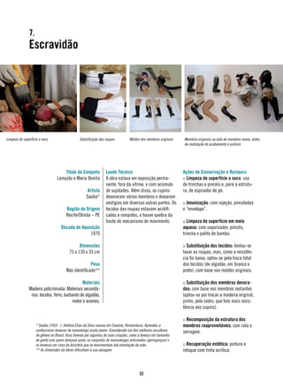 7.
               Escravidão




Limpeza de superfície a seco                    Substituição das roupas          Moldes dos membros originais   Membros originais ao lado de membros novos, antes
                                                                                                                da realização de acabamento e pintura




                                      Título do Conjunto          Laudo Técnico                                 Ações de Conservação e Restauro
                                  Lampião e Maria Bonita          A obra estava em exposição perma-             :: Limpeza de superfície a seco: uso
                                                                  nente, fora da vitrine, e com acúmulo         de trinchas e pincéis e, para a estrutu-
                                                      Artista     de sujidades. Além disso, os cupins           ra, de aspirador de pó.
                                                     Saúba*       devoraram vários membros e deixaram
                                                                  vestígios em diversas outras partes. Os       :: Imunização: com injeção, pinceladas
                                        Região de Origem          tecidos das roupas estavam acidifi-           e “envelope”.
                                        Recife/Olinda – PE        cados e rompidos, e houve quebra da
                                                                  haste do mecanismo de movimento.              :: Limpeza de superfície em meio
                                    Década de Aquisição                                                         aquoso: com vaporizador, pincéis,
                                                  1970                                                          trincha e palito de bambu.

                                                Dimensões                                                       :: Substituição dos tecidos: tentou-se
                                          75 x 130 x 35 cm                                                      lavar as roupas, mas, como a resistên-
                                                                                                                cia foi baixa, optou-se pela troca total
                                                      Peso                                                      dos tecidos (de algodão, em branco e
                                        Não identificado**                                                      preto), com base nos moldes originais.

                                                Materiais                                                       :: Substituição dos membros devora-
               Madeira policromada. Materiais secundá-                                                          dos: com base nos membros restantes
                rios: tecidos, ferro, barbante de algodão,                                                      (optou-se por trocar a madeira original,
                                          motor e arames.                                                       pinho, pelo cedro, que tem mais resis-
                                                                                                                tência aos cupins).

                                                                                                                :: Recomposição da estrutura dos
                    * Saúba (1953- ). Antônio Elias da Silva nasceu em Carpina, Pernambuco. Aprendeu a          membros reaproveitáveis: com cola e
                    confeccionar bonecos de mamulengo ainda jovem. Considerado um dos melhores escultores       serragem.
                    do gênero no Brasil, ficou famoso por algumas de suas criações, como a boneca em tamanho
                    de gente com quem dançava junto, os conjuntos de mamulengos articulados (geringonças) e
                    os bonecos em cima da bicicleta que se movimentam sob orientação da mão.                    :: Recuperação estética: pintura e
                    ** As dimensões da obras dificultam a sua pesagem.                                          retoque com tinta acrílica.



                                                                                        52
 