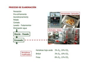 PROCESO DE ELABORACIÓN

   Recepción
   Pre-enfriamiento                                          Horizontales: barquetas

   Acondicionamiento
   Pelado
   Cortado
   Lavado - Tratamientos
   Eliminación agua
                                            Verticales: bolsas

    Mezcla - Pesado


    Envasado




                             Hortalizas hoja verde   3% O2, 10% CO2
               Atmósferas
               modificadas
                             Brécol                  3% O2, 10% CO2
                             Fresa                   8% O2, 12% CO2
 