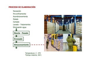 PROCESO DE ELABORACIÓN

   Recepción
   Pre-enfriamiento
   Acondicionamiento
   Pelado
   Cortado
   Lavado - Tratamientos
   Eliminación agua


    Mezcla - Pesado


    Envasado


    Almacenamiento



                  Temperatura: 2 - 4ºC
                  Tiempo máximo: 48 h
 