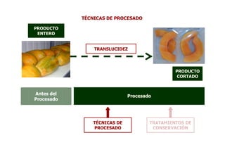 TÉCNICAS DE PROCESADO

PRODUCTO
 ENTERO


                TRANSLUCIDEZ




                                               PRODUCTO
                                                CORTADO



Antes del                     Procesado
Procesado




                TÉCNICAS DE           TRATAMIENTOS DE
                PROCESADO              CONSERVACIÓN
 