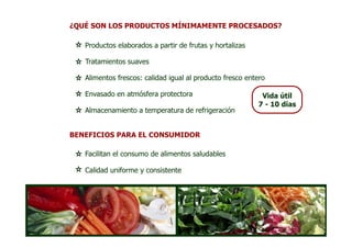 ¿QUÉ SON LOS PRODUCTOS MÍNIMAMENTE PROCESADOS?

   Productos elaborados a partir de frutas y hortalizas

   Tratamientos suaves

   Alimentos frescos: calidad igual al producto fresco entero

   Envasado en atmósfera protectora                        Vida útil
                                                          7 - 10 días
   Almacenamiento a temperatura de refrigeración


BENEFICIOS PARA EL CONSUMIDOR

   Facilitan el consumo de alimentos saludables

   Calidad uniforme y consistente
 