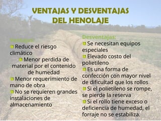 VENTAJAS Y DESVENTAJAS
DEL HENOLAJE
Ventajas:
Reduce el riesgo
climático
Menor perdida de
material por el contenido
de humedad
Menor requerimiento de
mano de obra
No se requieren grandes
instalaciones de
almacenamiento
Desventajas:
Se necesitan equipos
especiales
Elevado costo del
polietileno
Es una forma de
confección con mayor nivel
de dificultad que los rollos
Si el polietileno se rompe,
se pierde la reserva
Si el rollo tiene exceso o
deficiencia de humedad, el
forraje no se estabiliza.
 