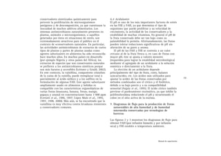 conservadores sintetizados químicamente para
prevenir la proliferación de microorganismos
patógenos y de descomposición, ya que cuestionan la
inocuidad de muchos aditivos alimentarios. Los
sistemas antimicrobianos naturalmente presentes en
plantas, animales o microorganismos, o aquéllos
generados por éstos en situaciones de estrés, son
extremadamente atractivos para el público en el
contexto de «conservadores naturales». En particular,
las actividades antimicrobianos de extractos de varios
tipos de plantas y partes de plantas usadas como
agentes saborizantes en alimentos ha sido reconocida
hace muchos años. En muchos países en desarrollo
(por ejemplo Nigeria y otros países del África), los
extractos de especies que son conservantes naturales
se prefieren a los antimicrobianos sintéticos porque
son más baratos y accesibles (Leitsner y Gould, 2002).
En este contexto, la vainillina, componente cristalino
de la vaina de la vainilla, puede reemplazar total o
parcialmente al ácido sórbico y a los sulfitos en la
formulación de algunas FAH. Este agente saborizante
ampliamente usado en alimentos y bebidas es
compatible con las características organolépticas de
varias frutas (manzana, banana, fresas, mango,
papaya y ananá) en concentraciones hasta 3 000 ppm
(Cerrutti et al., 1996, 1997; López Malo et al., 1995,
1997, 1998, 2000). Más aún, se ha encontrado que la
vainillina es muy efectiva contra levaduras resistentes
a conservadores comunes.
6.4 Acidulantes
El pH es uno de los más importantes factores de estrés
en las FHI y FAH, ya que determina el tipo de
organismo que puede proliferar y su velocidad de
crecimiento, la actividad de los conservadores y la
estabilidad de muchas vitaminas. En general el pH de
la fruta conservada debe ser tan bajo como su
palatabilidad lo permita. Afortunadamente, las frutas
pueden tolerar reducciones significativas de pH sin
alteración de su gusto y aroma.
El pH de las FAH y FHI se controla a un valor
cercano al de la fruta fresca o, en caso de frutas con
mayor pH, éste se ajusta a valores menores
(requeridos para lograr la estabilidad microbiológica)
mediante el agregado de un acidulante a la solución
osmótica o directamente a la fruta.
La elección de un acidulante depende
principalmente del tipo de fruta, costo, balance
azúcar/acidez, etc. Los ácidos más utilizados para
ajustar la acidez de las frutas conservadas por
métodos combinados son el cítrico y el fosfórico,
debido a su bajo precio y a su compatibilidad
sensorial (Argaiz et al., 1995). El ácido cítrico también
previene el pardeamiento enzimático, ya que inhibe la
polifenoloxidasa reduciendo el pH y secuestrando el
cobre en el sitio activo de la enzima.
7. Diagramas de flujo para la producción de frutas
autoestables de alta humedad y de humedad
intermedia conservadas por tecnologías de
barreras
Las figuras 2 y 3 muestran los diagramas de flujo para
obtener FAH (por infusión húmeda y por infusión
seca) y FHI estables a temperatura ambiente.
15
Manual de capacitación
 