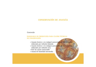 Manual de capacitación
CONSERVACIÓN DE ANANÁS
Contenido
DIAGRAMAS DE PRODUCCIÓN PARA CUATRO TÉCNICAS
DE CONSERVACIÓN
• Ananás (entero o en rodajas) autoestable de alta humedad
elaborado por infusión húmeda
• Ananás (entero o en rodajas) autoestable de alta humedad
elaborado por infusión seca
• Puré de ananá autoestable
• Ananá de humedad intermedia
 