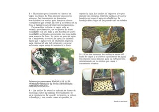 7 – El próximo paso consiste en calentar en
vapor los trozos de fruta durante unos pocos
minutos. Este tratamiento se denomina
«escaldado» y se realiza para inactivar ciertos
compuestos que alteran el color y la firmeza de la
fruta y también para destruir microorganismos.
Para escaldar la fruta en vapor, sólo se
necesita un calentador, un recipiente de acero
inoxidable con una tapa y una bandeja de acero
inoxidable perforada o construida con una malla
para soportar la fruta. Se vierte un poco de agua
en el recipiente, se coloca la tapa y se calienta
hasta que el agua entre en ebullición vigorosa
para eliminar el aire del recipiente y generar
suficiente vapor antes de introducir la fruta.
Primero prepararemos ANANÁS DE ALTA
HUMEDAD mediante la técnica denominada
INFUSIÓN HÚMEDA.
8 – Los anillos de ananá se colocan en forma de
monocapa sobre la bandeja del escaldador. Se
saca rápidamente la tapa del recipiente, se coloca
la bandeja y, tan pronto como sea posible, se
repone la tapa. Los anillos se exponen al vapor
durante dos minutos, teniendo cuidado de que la
bandeja no toque el agua en ebullición. La
bandeja debe colgar de las paredes del escaldador.
9 – A los dos minutos, los anillos se sacan del
baño de vapor y se vierten rápidamente en agua
fría durante unos minutos para su enfriamiento,
minimizando así los daños que causa el
tratamiento térmico.
41
Manual de capacitación
 