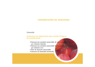 CONSERVACIÓN DE DURAZNOS
Contenido
DIAGRAMAS DE PRODUCCIÓN PARA CUATRO TÉCNICAS
DE CONSERVACIÓN
• Durazno (en mitades) autoestable de alta humedad elaborado
por infusión húmeda
• Durazno (en mitades) autoestable de alta humedad elaborado
por infusión seca
• Puré de durazno autoestable
• Durazno de humedad intermedia
 