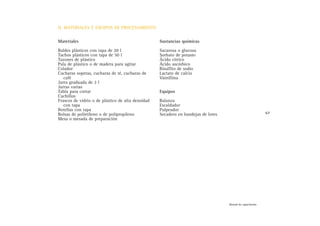 Materiales
Baldes plásticos con tapa de 20 l
Tachos plásticos con tapa de 50 l
Tazones de plástico
Pala de plástico o de madera para agitar
Colador
Cucharas soperas, cucharas de té, cucharas de
café
Jarra graduada de 2 l
Jarras varias
Tabla para cortar
Cuchillos
Frascos de vidrio o de plástico de alta densidad
con tapa
Botellas con tapa
Bolsas de polietileno o de polipropileno
Mesa o mesada de preparación
Sustancias químicas
Sacarosa o glucosa
Sorbato de potasio
Ácido cítrico
Ácido ascórbico
Bisulfito de sodio
Lactato de calcio
Vainillina
Equipos
Balanza
Escaldador
Pulpeador
Secadero en bandejas de lotes 67
Manual de capacitación
D. MATERIALES Y EQUIPOS DE PROCESAMIENTO
 