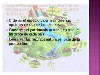 Ordenar el espacio y permitir diversas
opciones de uso de los recursos.
 Conservar el patrimonio natural, cultural e
histórico de cada país.
 Conservar los recursos naturales, base de la
producción.
 