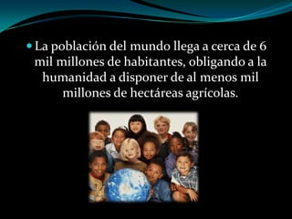  La población del mundo llega a cerca de 6
mil millones de habitantes, obligando a la
humanidad a disponer de al menos mil
millones de hectáreas agrícolas.
 