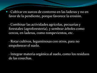  · Cultivar en surcos de contorno en las laderas y no en
favor de la pendiente, porque favorece la erosión.
· Combinar las actividades agrícolas, pecuarias y
forestales (agroforestería), y sembrar árboles como
cercos, en laderas, como rompevientos, etc.
· Rotar cultivos, leguminosas con otros, para no
empobrecer el suelo.
· Integrar materia orgánica al suelo, como los residuos
de las cosechas.
 