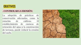 OBJETIVOS
. CONTROLAR LA EROSIÓN:
La adopción de prácticas de
conservación adecuadas, como la
rotación de cultivos. El
establecimiento de cuencas de
retención del agua y la construcción
de terrazas, puede reducir la erosión
del suelo.
 