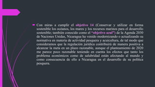  Con miras a cumplir el objetivo 14 (Conservar y utilizar en forma
sostenible los océanos, los mares y los recursos marinos para el desarrollo
sostenible; también conocido como el “objetivo azul”) de la Agenda 2030
de Naciones Unidas, Nicaragua ha venido modernizando o actualizando su
normativa en materia de actividad pesquera y acuicultura, de tal modo que
consideramos que la regulación jurídica contribuirá de manera positiva a
alcanzar la meta en un plazo razonable, aunque el planteamiento de 2020
me parece poco razonable teniendo en cuenta los efectos que tanto los
problema económicos como de salubridad están afectando al mundo y
como consecuencia de ello a Nicaragua en el desarrollo de su política
pesquera.
 
