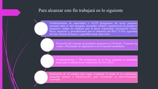 Para alcanzar este fin trabajará en lo siguiente
Fortalecimientos de capacidades a 10,670 protagonista del sector pesquero
artesanal sobre el valor agregado, inocuidad, calidad y manipulación de productos
pesqueros, código de conducta para la pesca responsable, herramienta Clima-
Pesca, requisitos y procedimientos para la obtención del IECC E IVA, seguridad
del mar, técnicas de buceo y seguridad social, entre otros.
Promoción del consumo de productos pesqueros en 230 ferias, 12 puestos de
ventas y 60 jornadas de degustación a nivel nacional anualmente.
Acompañamiento a 700 protagonista de la Pesca artesanal en promedio
anual, para la obtención de exoneración de IVA e IECC.
Realización de 18 estudios para seguir evaluando el estado de las poblaciones
pesqueras marinas y dulceacuícolas, para recomendar su aprovechamiento
sostenible.
 