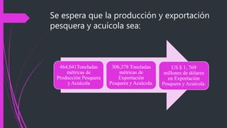 Se espera que la producción y exportación
pesquera y acuícola sea:
464,041Toneladas
métricas de
Producción Pesquera
y Acuícola
306,378 Toneladas
métricas de
Exportación
Pesquera y Acuícola.
US $ 1, 769
millones de dólares
en Exportación
Pesquera y Acuícola.
 