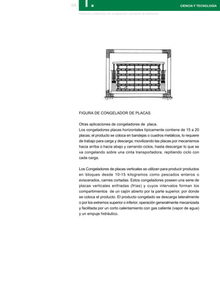 68      I.
     Sistemas y Métodos de congelación industrial de alimentos
                                                                   CIENCIA Y TECNOLOGÍA




     FIGURA DE CONGELADOR DE PLACAS

     Otras aplicaciones de congeladores de placa.
     Los congeladores placas horizontales típicamente contiene de 15 a 20
     placas; el producto se coloca en bandejas o cuadros metálicos, lo requiere
     de trabajo para carga y descarga; movilizando las placas por mecanismos
     hacia arriba o hacia abajo y cerrando ciclos, hasta descargar lo que se
     va congelando sobre una cinta transportadora, repitiendo ciclo con
     cada carga.

     Los Congeladores de placas verticales se utilizan para producir productos
     en bloques desde 10-15 kilogramos como pescados enteros o
     eviscerados, carnes cortadas. Estos congeladores poseen una serie de
     placas verticales enfriadas (frías) y cuyos intervalos forman los
     compartimientos de un cajón abierto por la parte superior, por donde
     se coloca el producto. El producto congelado se descarga lateralmente
     o por los extremos superior o inferior, operación generalmente mecanizada
     y facilitada por un corto calentamiento con gas caliente (vapor de agua)
     y un empuje hidráulico.
 