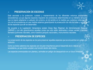  PRESERVACION DE ESCENAS
Está asociada a la protección, cuidado y mantenimiento de los diferentes entornos ambientales
(ecosistemas) ya que algunas especies requieren de condiciones determinantes en su hábitat a tal punto
que no logran adaptarse a cualquier otro entorno, en tal sentido en la medida que cuidemos todos y cada
uno de los ecosistemas en esa medida estamos garantizando la prosecución de vida de todas y cada una
de las especies que allí se desarrollan.
De acuerdo a la Legislación Venezolana existen Áreas Bajo Régimen de Administración Especial
(ABRAE) y con ello garantizamos aquellas zonas que sólo están destinadas a áreas verdes o también
llamados pulmones naturales, como nuestros parques nacionales y monumentos naturales.
 PRESERVACION DE ESPECIES
La conservación de las especies se da para preservar aquellas especies que se encuentran en peligro de
extinción.
Como ya todos sabemos las especies son de gran importancia para el desarrollo de la vida en un
ecosistema, ya que todos cumplen una función dentro del mismo.
Las especies amenazadas son plantas y animales en peligro de desaparición en un futuro inmediato.
 