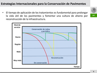 Estrategias Internacionales para la Conservación de Pavimentos

 • El tiempo de aplicación de los tratamientos es fundamental para prolongar
   la vida útil de los pavimentos y fomentar una cultura de ahorro por
   reconstrucción de la infraestructura.

           Nivel de
           servicio
                          Conservación de rutina
                                     y periódica


            Bueno


           Regular


              Malo


                                                   Reconstrucción
          Muy malo
                            Sin conservación

                                                                    Tiempo

                                                                               9
 