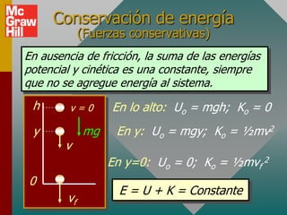 Conservación de energía
             (Fuerzas conservativas)
En ausencia de fricción, la suma de las energías
potencial y cinética es una constante, siempre
que no se agregue energía al sistema.
 h       v=0       En lo alto: Uo = mgh; Ko = 0
 y           mg    En y: Uo = mgy; Ko = ½mv2
        v
                  En y=0: Uo = 0; Ko = ½mvf 2
0
                    E = U + K = Constante
        vf
 