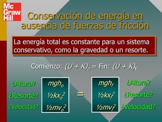 Conservación de energía en
    ausencia de fuerzas de fricción
 La energía total es constante para un sistema
 conservativo, como la gravedad o un resorte.

        Comienzo: (U + K)o = Fin: (U + K)f

 ¿Altura?     mgho           mghf     ¿Altura?
¿Resorte?     ½kxo2   =      ½kxf2   ¿Resorte?
¿Velocidad?   ½mvo2         ½mvf2 ¿Velocidad?
 