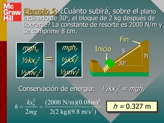 Ejemplo 5: ¿Cuánto subirá, sobre el plano
     inclinado de 30o, el bloque de 2 kg después de
     liberarse? La constante de resorte es 2000 N/m y
     se comprime 8 cm.
                                             Fin
     mgho            mghf         Inicio     s
    ½kxo   2   =    ½kxf2                   30o
                                                    h

    ½mvo2           ½mvf2

    Conservación de energía: ½kxo2 = mghf
       2
     kx0       (2000 N/m)(0.08m) 2
h                                          h = 0.327 m
     2mg         2(2 kg)(9.8 m/s 2 )
 