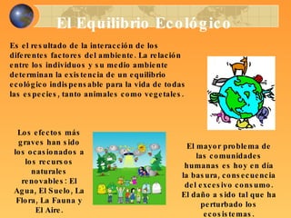 El Equilibrio Ecológico Es el resultado de la interacción de los diferentes factores del ambiente. La relación entre los individuos y su medio ambiente determinan la existencia de un equilibrio ecológico indispensable para la vida de todas las especies, tanto animales como vegetales. Los efectos más graves han sido los ocasionados a los recursos naturales renovables: El Agua, El Suelo, La Flora, La Fauna y El Aire. El mayor problema de las comunidades humanas es hoy en día la basura, consecuencia del excesivo consumo. El daño a sido tal que ha perturbado los ecosistemas. 