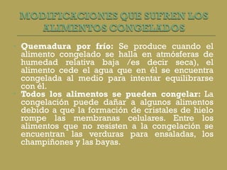 Quemadura por frío:  Se produce cuando el alimento congelado se halla en atmósferas de humedad relativa baja /es decir seca), el alimento cede el agua que en él se encuentra congelada al medio para intentar equilibrarse con él.  Todos los alimentos se pueden congelar:  La congelación puede dañar a algunos alimentos debido a que la formación de cristales de hielo rompe las membranas celulares. Entre los alimentos que no resisten a la congelación se encuentran las verduras para ensaladas, los champiñones y las bayas.  