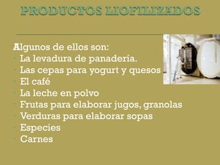 A lgunos de ellos son: La levadura de panadería. Las cepas para yogurt y quesos El café La leche en polvo Frutas para elaborar jugos, granolas Verduras para elaborar sopas Especies Carnes 