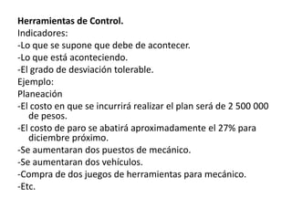 Herramientas de Control.
Indicadores:
-Lo que se supone que debe de acontecer.
-Lo que está aconteciendo.
-El grado de desviación tolerable.
Ejemplo:
Planeación
-El costo en que se incurrirá realizar el plan será de 2 500 000
   de pesos.
-El costo de paro se abatirá aproximadamente el 27% para
   diciembre próximo.
-Se aumentaran dos puestos de mecánico.
-Se aumentaran dos vehículos.
-Compra de dos juegos de herramientas para mecánico.
-Etc.
 
