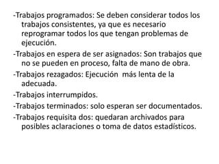 -Trabajos programados: Se deben considerar todos los
   trabajos consistentes, ya que es necesario
   reprogramar todos los que tengan problemas de
   ejecución.
-Trabajos en espera de ser asignados: Son trabajos que
   no se pueden en proceso, falta de mano de obra.
-Trabajos rezagados: Ejecución más lenta de la
   adecuada.
-Trabajos interrumpidos.
-Trabajos terminados: solo esperan ser documentados.
-Trabajos requisita dos: quedaran archivados para
   posibles aclaraciones o toma de datos estadísticos.
 
