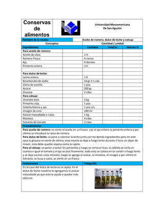 Conservas                                                    Universidad Mesoamericana
    de                                                             De San Agustín

alimentos
Nombre de la receta:                                Aceite de romero, dulce de leche y catsup
                  Conceptos                                        Cantidad / unidad
Ingredientes:                                           Cantidad        Unid/m          Merma %
Para aceite de romero:
Aceite de oliva                                      1 lt
Romero fresco                                        4 ramas
Ajo                                                  4 dientes
Pimienta entera                                      c/n

Para dulce de leche:
Leche entera                                         1 lt
Bicarbonato de sodio                                 10 gr ó 1 cda
Vaina de vainilla                                    1 pza
Azúcar                                               200 gr
Glucosa                                              2 cdas
Para cátsup:
Jitomate bola                                        2 kg
Pimiento rojo                                        1 pza
Cebolla blanca y ajo                                 1 pza c/u
Vinagre de vino                                      200 ml
Azúcar mascabada o rubia                             1 kg
Mostaza                                              4 cdas
Extracto de tomate                                   2 cdas
Procedimiento:
Para aceite de romero: se vierte el aceite en un frasco con el ajo entero la pimienta entera y por
último se introduce la rama de romero.
Para dulce de leche: se pone a calentar la leche junto con los demás ingredientes pero en este
caso la glucosa se vierte de último; esta mezcla se deja a fuego lento durante 1 hora sin dejar de
mover, esta debe quedar espesa como la cajeta.
Para el cátsup: se poner a tostar los pimientos y luego se corta en tiras, la cebolla se corta en
cuartos e igual el tomate y el ajo se pica finamente, todo esto se coloca en un sartén a fuego lento
y se deja cocinar unos minutos; luego se agrega el azúcar, la mostaza, el vinagre y por último el
Extracto, se licua y cuela, se vierte en un frasco.
Anotaciones                                          Fotografía
En el caso del dulce de leche es la cajeta. En el
dulce de leche nosotros le agregamos la azúcar
mascabada ya que esta la ayuda a quedar más
obscura.
 
