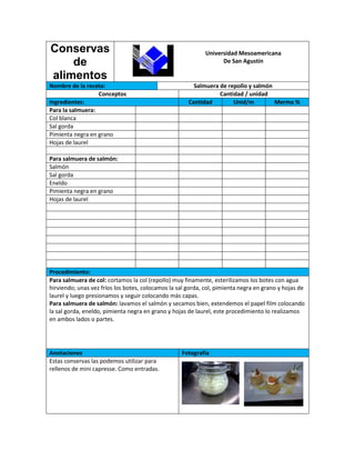 Conservas                                                    Universidad Mesoamericana
    de                                                             De San Agustín

alimentos
Nombre de la receta:                                    Salmuera de repollo y salmón
                  Conceptos                                      Cantidad / unidad
Ingredientes:                                         Cantidad        Unid/m         Merma %
Para la salmuera:
Col blanca
Sal gorda
Pimienta negra en grano
Hojas de laurel

Para salmuera de salmón:
Salmón
Sal gorda
Eneldo
Pimienta negra en grano
Hojas de laurel




Procedimiento:
Para salmuera de col: cortamos la col (repollo) muy finamente, esterilizamos los botes con agua
hirviendo; unas vez fríos los botes, colocamos la sal gorda, col, pimienta negra en grano y hojas de
laurel y luego presionamos y seguir colocando más capas.
Para salmuera de salmón: lavamos el salmón y secamos bien, extendemos el papel film colocando
la sal gorda, eneldo, pimienta negra en grano y hojas de laurel, este procedimiento lo realizamos
en ambos lados o partes.




Anotaciones                                        Fotografía
Estas conservas las podemos utilizar para
rellenos de mini capresse. Como entradas.
 