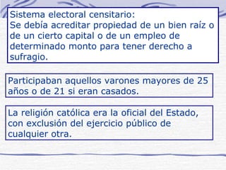 Sistema electoral censitario: Se debía acreditar propiedad de un bien raíz o de un cierto capital o de un empleo de determinado monto para tener derecho a sufragio. Participaban aquellos varones mayores de 25 años o de 21 si eran casados. La religión católica era la oficial del Estado, con exclusión del ejercicio público de cualquier otra. 