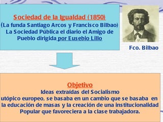 Sociedad de la Igualdad (1850) ( La funda Santiago Arcos y Francisco Bilbao) La Sociedad Pública el diario el Amigo de Pueblo dirigida  por Eusebio Lillo Objetivo Ideas extraídas del Socialismo utópico europeo, se basaba en un cambio que se basaba  en  la educación de masas y la creación de una institucionalidad Popular que favoreciera a la clase trabajadora. Fco. Bilbao 