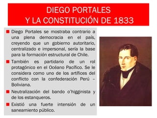 DIEGO PORTALES
Y LA CONSTITUCIÓN DE 1833
Diego Portales se mostraba contrario a
una plena democracia en el país,
creyendo que un gobierno autoritario,
centralizado e impersonal, sería la base
para la formación estructural de Chile.
También es partidario de un rol
protagónico en el Océano Pacífico. Se le
considera como uno de los artífices del
conflicto con la confederación Perú –
Boliviana.
Neutralización del bando o’higginista y
de los estanqueros.
Existió una fuerte intensión de un
saneamiento público.
 