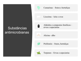 Substâncias
antimicrobianas
Cumarinas – frutos e hortaliças
Lisozima – leite e ovos
Aldeídos e compostos fenólicos –
ervas e especiarias
Alicina - alho
Polifenóis – frutos, hortaliças
Terpenos – Ervas e especiarias
 