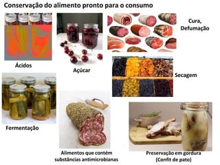 Conservação do alimento pronto para o consumo
Preservação em gordura
(Confit de pato)
Ácidos
Açúcar
Cura,
Defumação
Fermentação
Alimentos que contém
substâncias antimicrobianas
Secagem
 