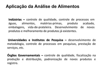 Aplicação da Análise de Alimentos
Indústrias – controle de qualidade, controle de processos em
águas, alimentos, matérias-primas, produto acabado,
embalagens, vida-de-prateleira. Desenvolvimento de novos
produtos e melhoramento de produtos já existentes.
Universidades e Institutos de Pesquisa – desenvolvimento de
metodologia, controle de processos em pesquisas, prestação de
serviços, etc.
Órgãos Governamentais – controle de qualidade, fiscalização na
produção e distribuição, padronização de novos produtos e
registro.
 