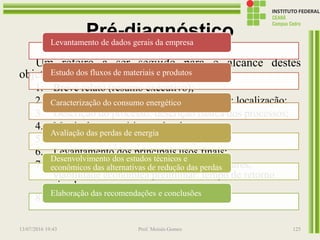 Pré-diagnóstico
Um roteiro a ser seguido para o alcance destes
objetivos seria:
1. Breve relato (resumo executivo);
2. Identificação do consumidor e/ou sistema: localização;
3. Descrição do processo: descrição básica dos processos;
4. Matriz dos energéticos e das despesas;
5. Análise do fornecimento de energia;
6. Levantamento dos principais usos finais;
7. Determinação das oportunidades preliminares,
viabilidade econômica preliminar: tempo de retorno
simples;
8. Recomendações e considerações finais.
13/07/2016 19:43 Prof. Moisés Gomes 125
Levantamento de dados gerais da empresa
Estudo dos fluxos de materiais e produtos
Caracterização do consumo energético
Avaliação das perdas de energia
Desenvolvimento dos estudos técnicos e
econômicos das alternativas de redução das perdas
Elaboração das recomendações e conclusões
 