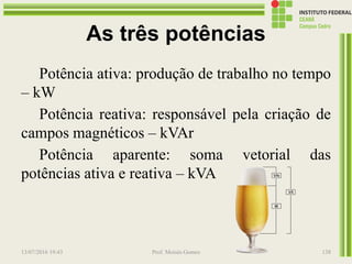 As três potências
Potência ativa: produção de trabalho no tempo
– kW
Potência reativa: responsável pela criação de
campos magnéticos – kVAr
Potência aparente: soma vetorial das
potências ativa e reativa – kVA
13/07/2016 19:43 Prof. Moisés Gomes 138
 