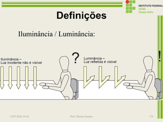Definições
Iluminância / Luminância:
13/07/2016 19:43 Prof. Moisés Gomes 179
 