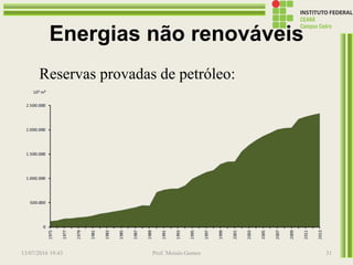Energias não renováveis
Reservas provadas de petróleo:
13/07/2016 19:43 Prof. Moisés Gomes 31
 