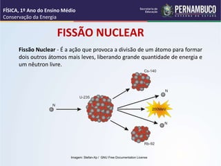 FISSÃO NUCLEAR
Fissão Nuclear - É a ação que provoca a divisão de um átomo para formar
dois outros átomos mais leves, liberando grande quantidade de energia e
um nêutron livre.
FÍSICA, 1º Ano do Ensino Médio
Conservação da Energia
Imagem: Stefan-Xp / GNU Free Documentation License
 