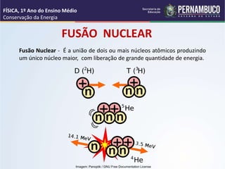 FUSÃO NUCLEAR
Fusão Nuclear - É a união de dois ou mais núcleos atômicos produzindo
um único núcleo maior, com liberação de grande quantidade de energia.
FÍSICA, 1º Ano do Ensino Médio
Conservação da Energia
Imagem: Panoptik / GNU Free Documentation License
 