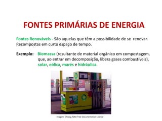 Fontes Renováveis - São aquelas que têm a possibilidade de se renovar.
Recompostas em curto espaço de tempo.
FONTES PRIMÁRIAS DE ENERGIA
Exemplo: Biomassa (resultante de material orgânico em compostagem,
que, ao entrar em decomposição, libera gases combustíveis),
solar, eólica, marés e hidráulica.
FÍSICA, 1º Ano do Ensino Médio
Conservação da Energia
Imagem: Chixoy /GNU Free Documentation License
 