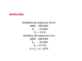 Geladeira de espessura 10 cm
100% - 200 kWh
X1 - 15 kWh
X1 = 7,5 %
Geladeira de espessura 4 cm
100% - 200 kWh
X2 - 35 kWh
X2 = 17,5 %
X = x2 – x1 = 10 %
RESOLUÇÃO:
FÍSICA, 1º Ano do Ensino Médio
Conservação da Energia
 