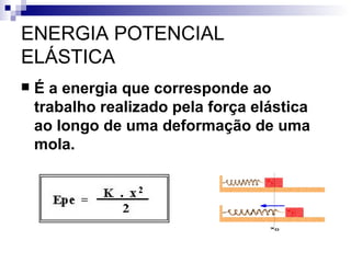 ENERGIA POTENCIAL ELÁSTICA    É a energia que corresponde ao trabalho realizado pela força elástica ao longo de uma deformação de uma mola. 
