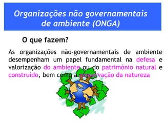 Organizações não governamentais de ambiente (ONGA) O que fazem? As organizações não-governamentais de ambiente desempenham um papel fundamental na  defesa  e valorização  do ambiente  ou do  património natural  e  construído , bem como a  conservação da natureza 