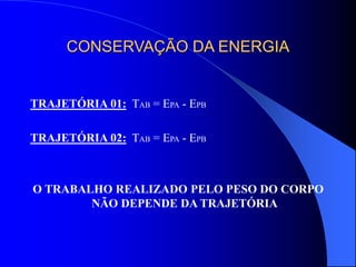 CONSERVAÇÃO DA ENERGIA
TRAJETÓRIA 01: TAB = EPA - EPB
TRAJETÓRIA 02: TAB = EPA - EPB
O TRABALHO REALIZADO PELO PESO DO CORPO
NÃO DEPENDE DA TRAJETÓRIA
 
