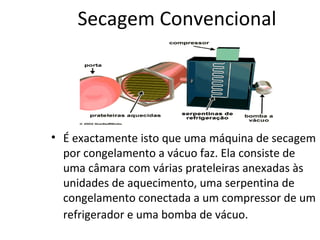 Secagem Convencional
• É exactamente isto que uma máquina de secagem
por congelamento a vácuo faz. Ela consiste de
uma câmara com várias prateleiras anexadas às
unidades de aquecimento, uma serpentina de
congelamento conectada a um compressor de um
refrigerador e uma bomba de vácuo.
 